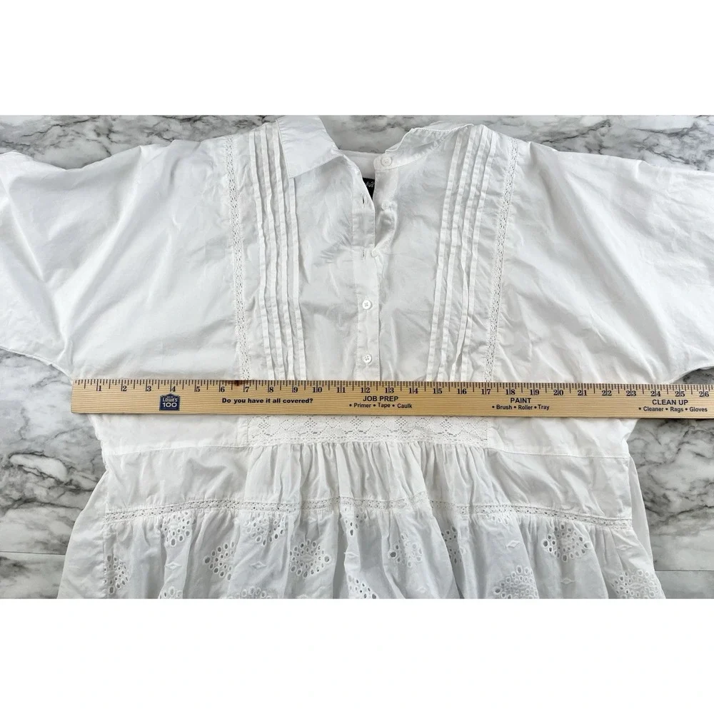 Flag & Anthem Long Sleeve Button Front Eyelet Crochet Lace Pintuck Top White XL - Picture 8 of 9